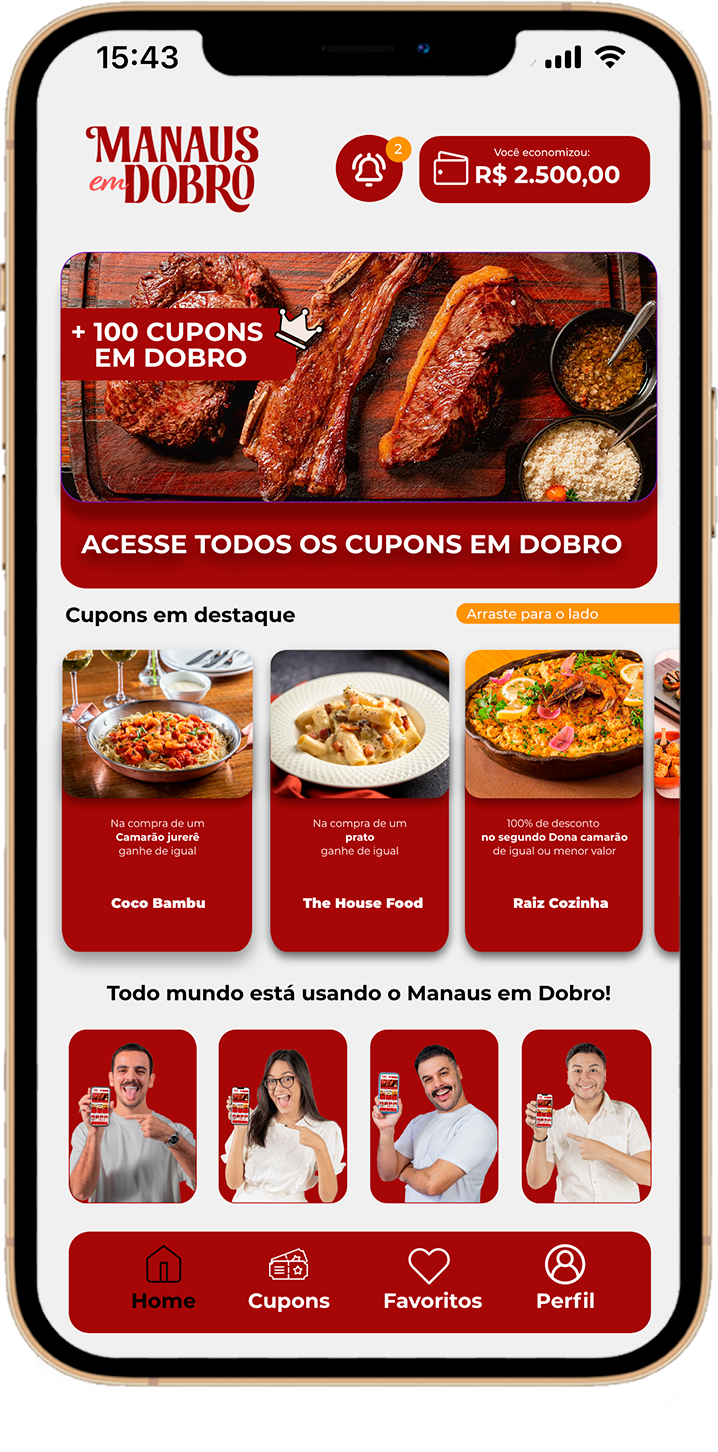 App Manaus em Dobro: tela inicial, mapa interativo e lista de cupons