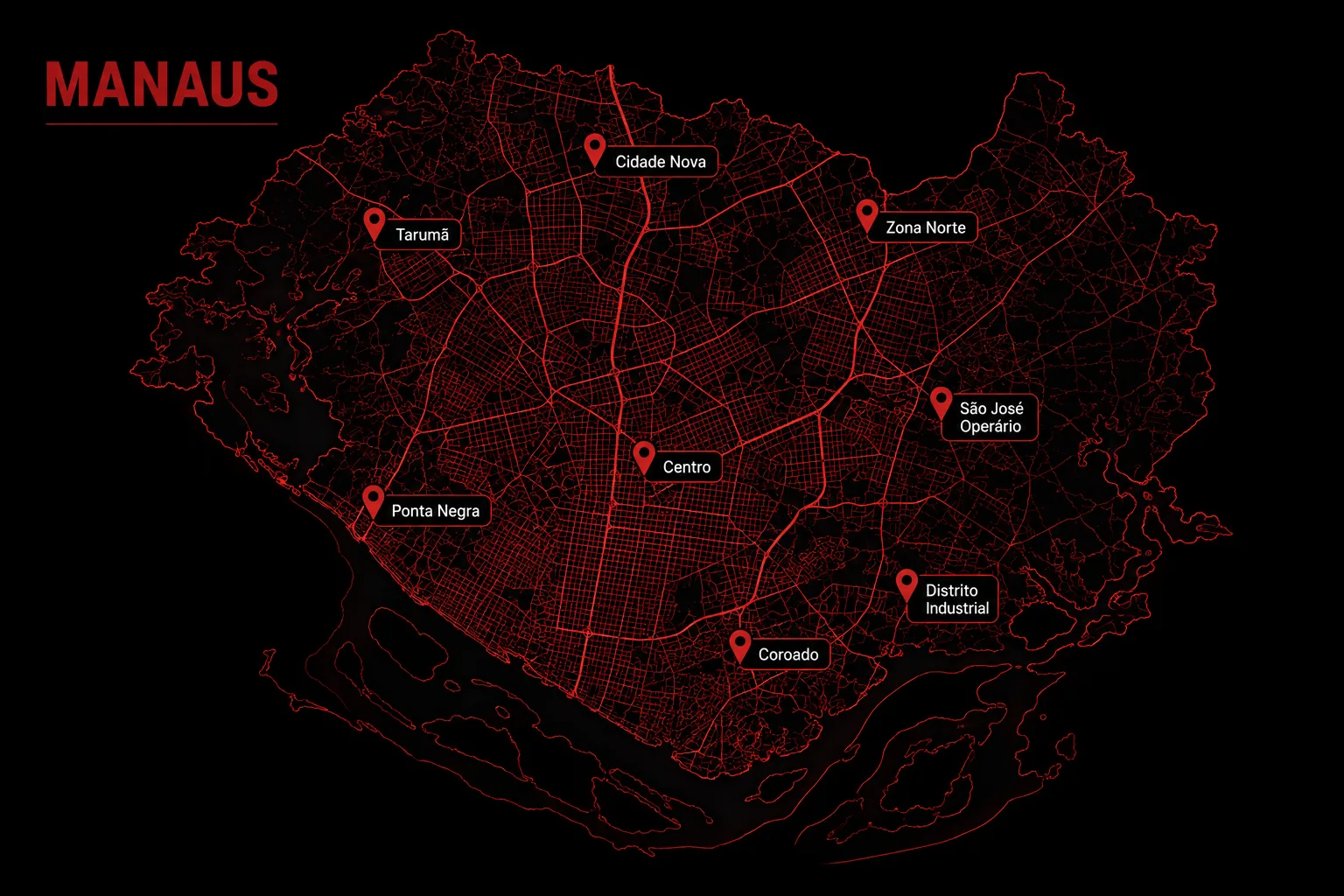 Mapa de Manaus com os bairros atendidos pelo Manaus em Dobro
